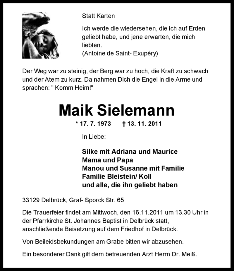  Traueranzeige für Maik Sielemann vom 14.11.2011 aus Neue Westfälische