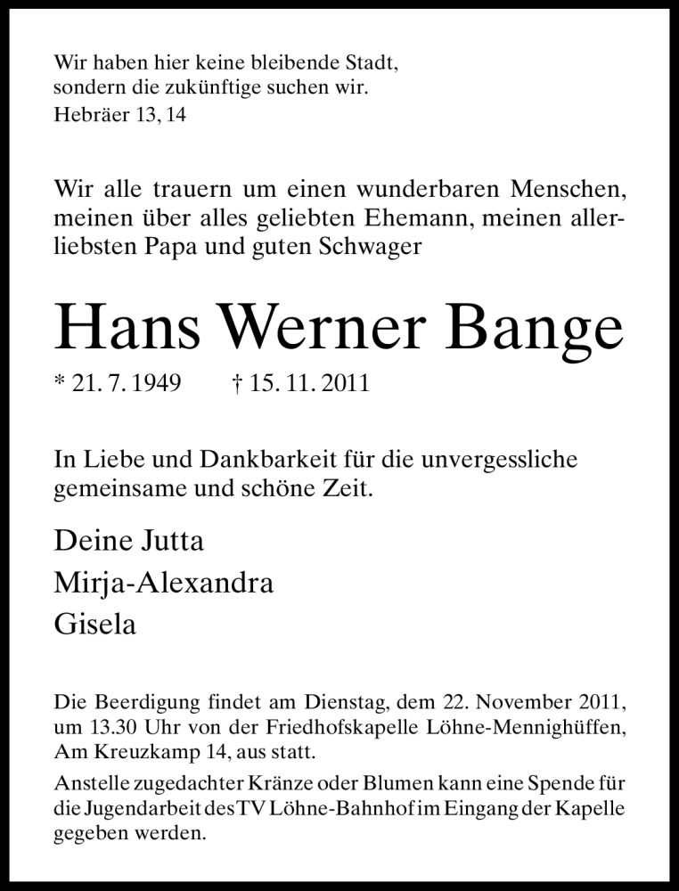 Traueranzeige für Hans Werner Bange vom 17.11.2011 aus Neue Westfälische