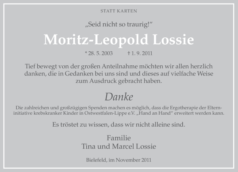  Traueranzeige für Moritz-Leopold Lossie vom 19.11.2011 aus Neue Westfälische