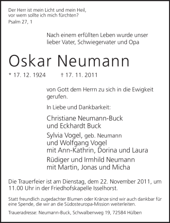 Traueranzeige von Oskar Neumann von Neue Westfälische