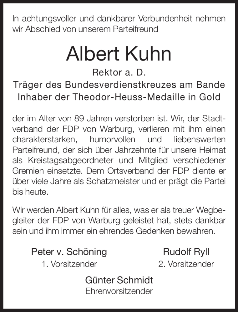  Traueranzeige für Albert Kuhn vom 24.11.2011 aus Neue Westfälische