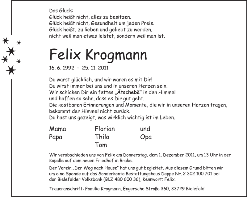  Traueranzeige für Felix Krogmann vom 28.11.2011 aus Neue Westfälische
