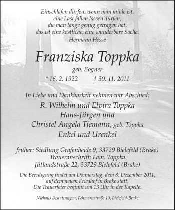 Traueranzeige von Franziska Toppka von Neue Westfälische