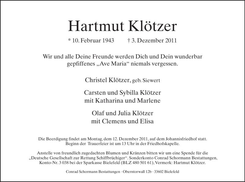  Traueranzeige für Hartmut Klötzer vom 07.12.2011 aus Neue Westfälische