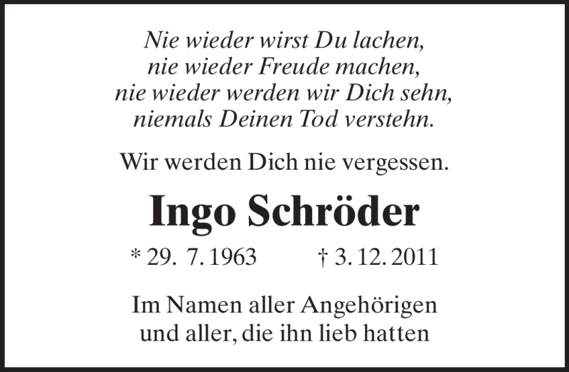  Traueranzeige für Ingo Schröder vom 08.12.2011 aus Neue Westfälische