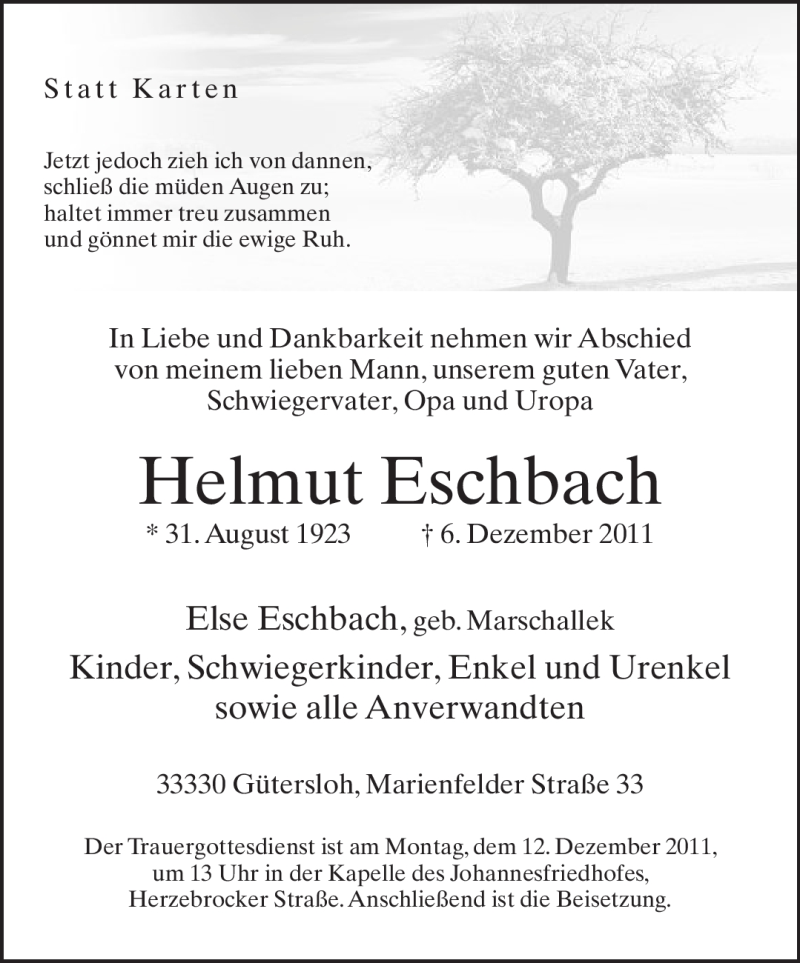  Traueranzeige für Helmut Eschbach vom 08.12.2011 aus Neue Westfälische