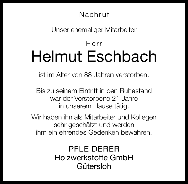  Traueranzeige für Helmut Eschbach vom 12.12.2011 aus Neue Westfälische