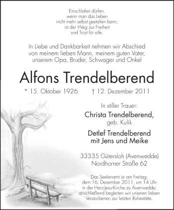 Traueranzeige von Alfons Trendelberend von Neue Westfälische