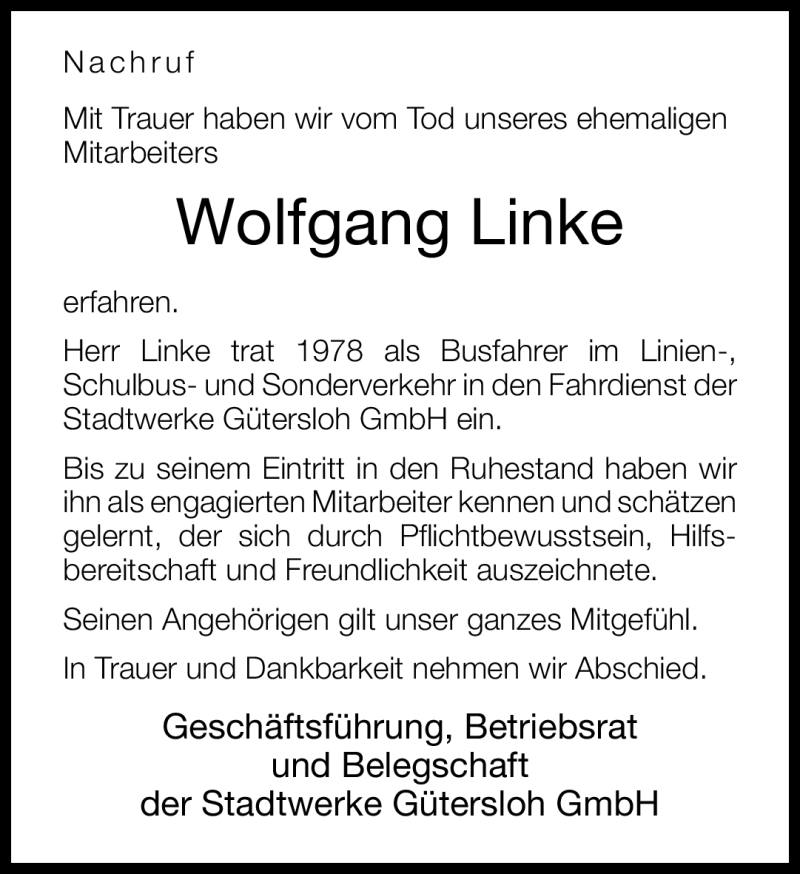  Traueranzeige für Wolfgang Linke vom 15.12.2011 aus Neue Westfälische