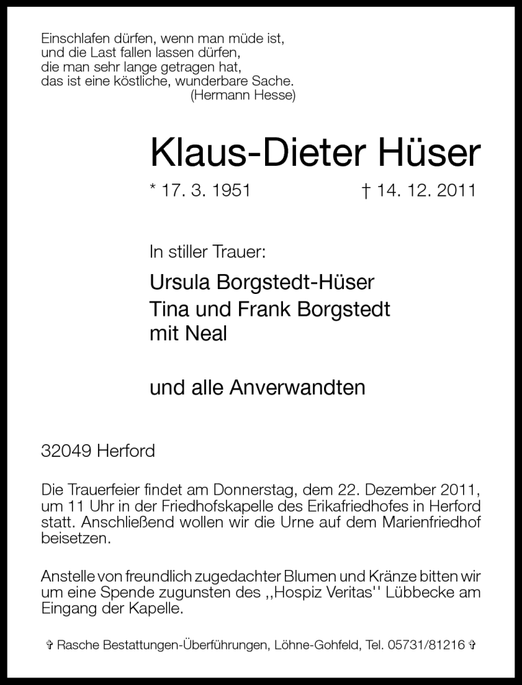  Traueranzeige für Klaus-Dieter Hüser vom 17.12.2011 aus Neue Westfälische