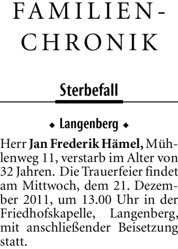 Traueranzeige von Jan Frederik Hämel von Neue Westfälische