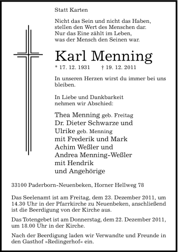 Traueranzeige von Karl Menning von Neue Westfälische