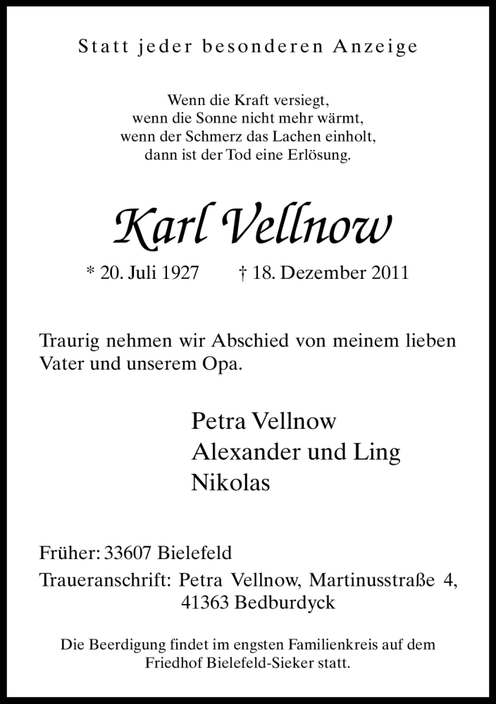  Traueranzeige für Karl Vellnow vom 31.12.2011 aus Neue Westfälische
