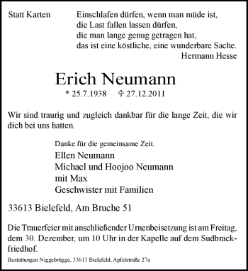 Traueranzeige von Erich Neumann von Neue Westfälische