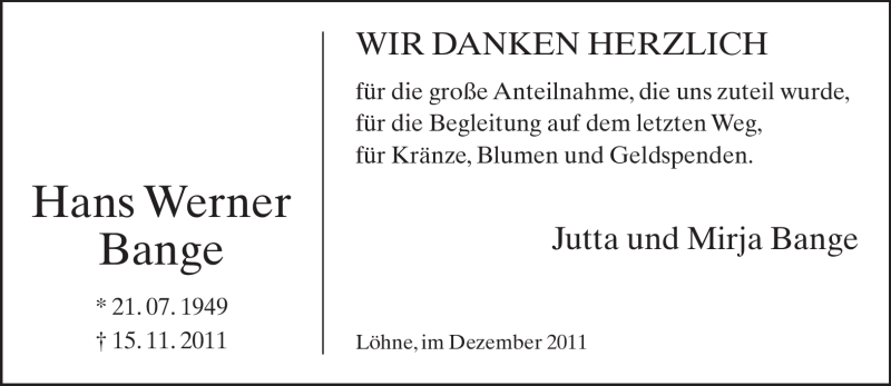  Traueranzeige für Hans Werner Bange vom 31.12.2011 aus Neue Westfälische