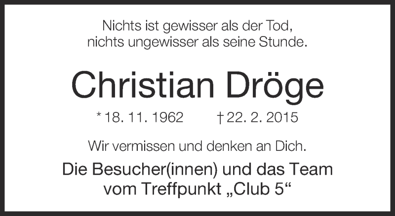  Traueranzeige für Christian Dröge vom 13.03.2015 aus Neue Westfälische