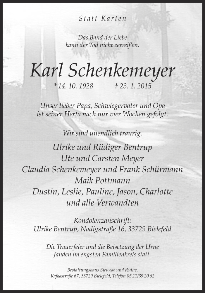  Traueranzeige für Karl Schenkemeyer vom 31.01.2015 aus Neue Westfälische