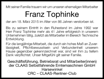 Traueranzeige von Franz Tophinke von Neue Westfälische