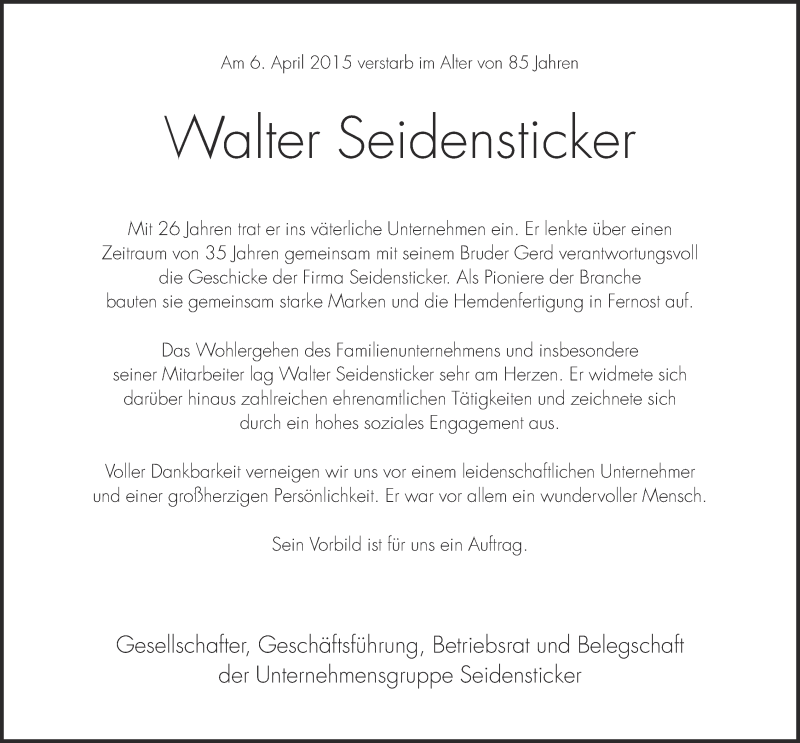  Traueranzeige für Walter Seidensticker vom 11.04.2015 aus Neue Westfälische