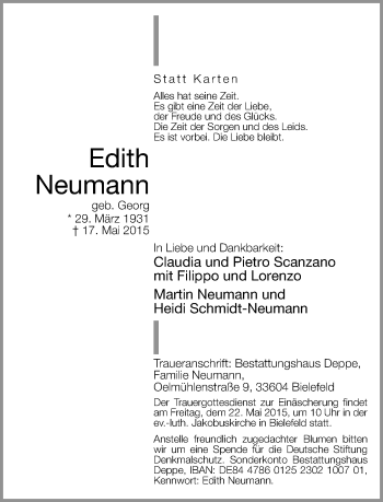 Traueranzeige von Edith Neumann von Neue Westfälische