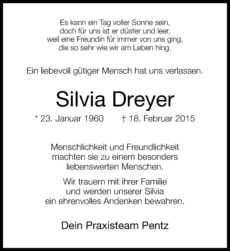  Traueranzeige für Silvia Dreyer vom 25.02.2015 aus Neue Westfälische