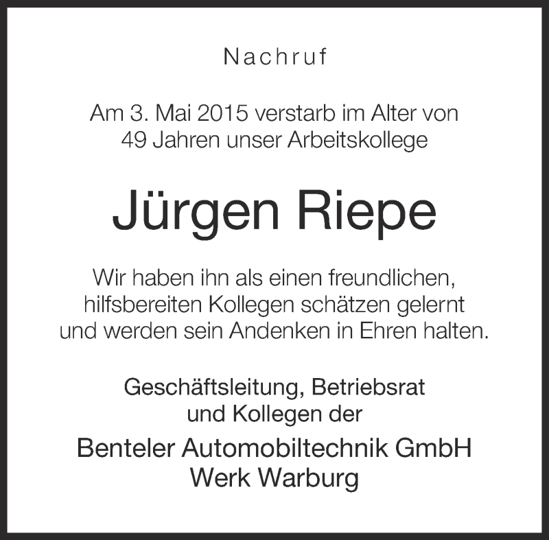  Traueranzeige für Jürgen Riepe vom 09.05.2015 aus Neue Westfälische