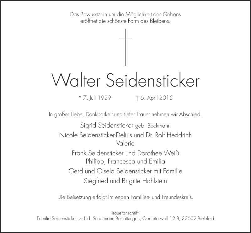  Traueranzeige für Walter Seidensticker vom 11.04.2015 aus Neue Westfälische