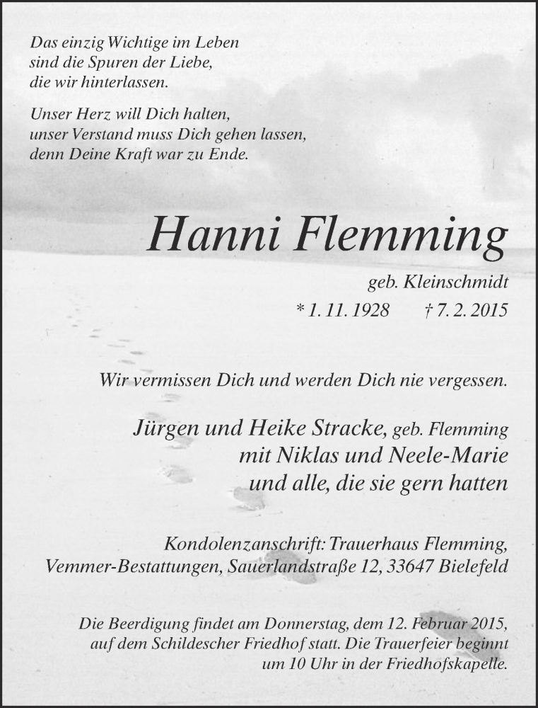  Traueranzeige für Hanna Flemming vom 10.02.2015 aus Neue Westfälische