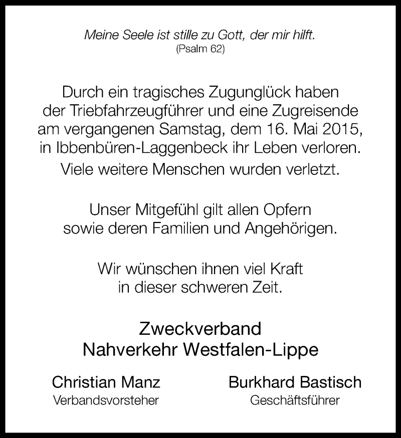  Traueranzeige für Kondolenz Zugunglück Ibbenbüren Zweckverband Nahverkehr vom 23.05.2015 aus Neue Westfälische