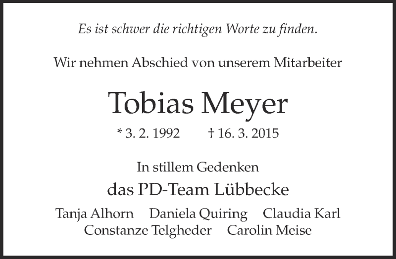  Traueranzeige für Tobias Meyer vom 27.03.2015 aus Neue Westfälische
