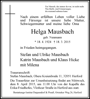 Traueranzeige von Helga Mausbach von Neue Westfälische