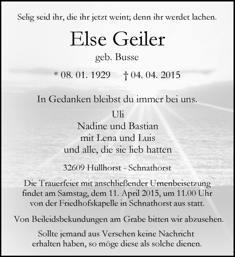  Traueranzeige für Else Geiler vom 07.04.2015 aus Neue Westfälische