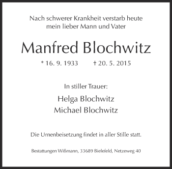 Traueranzeige von Manfred Blochwitz von Neue Westfälische
