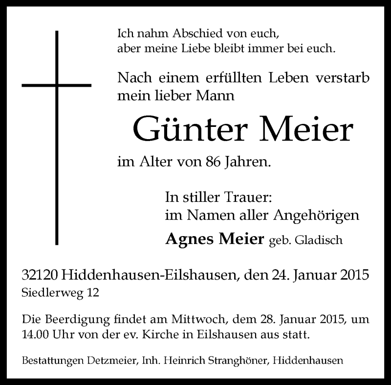  Traueranzeige für Günter Meier vom 26.01.2015 aus Neue Westfälische