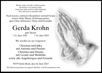 Traueranzeige von Gerda Krohn von Neue Westfälische