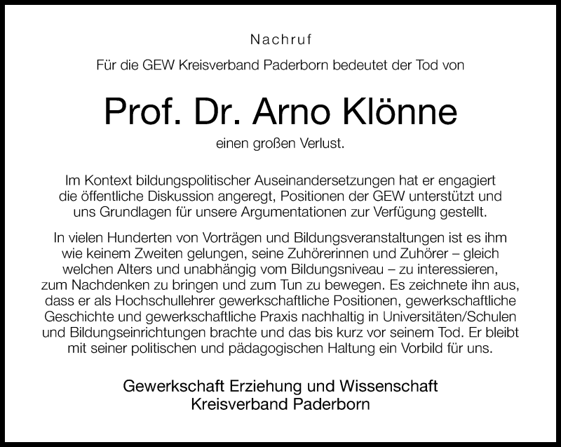  Traueranzeige für Arno Klönne vom 13.06.2015 aus Neue Westfälische