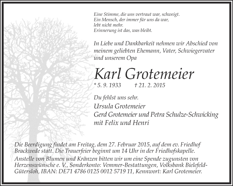  Traueranzeige für Karl Grotemeier vom 24.02.2015 aus Neue Westfälische