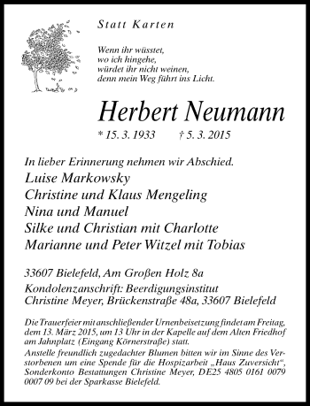 Traueranzeige von Herbert Neumann von Neue Westfälische