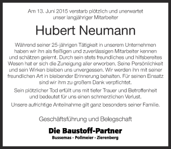 Traueranzeige von Hubert Neumann von Neue Westfälische