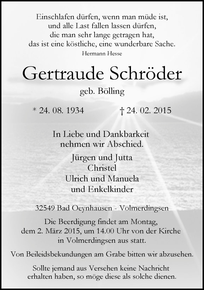  Traueranzeige für Gertraude Schröder vom 26.02.2015 aus Neue Westfälische