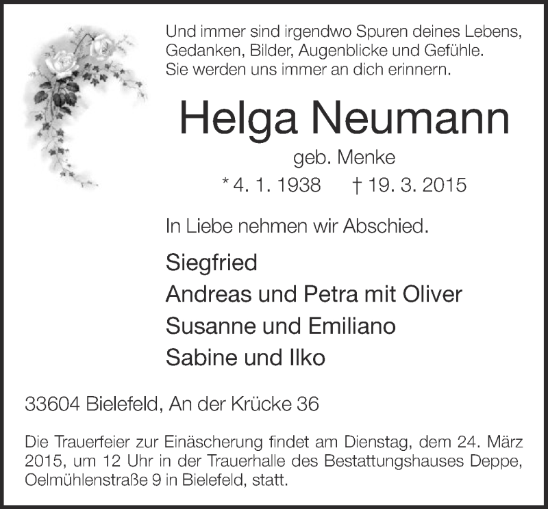  Traueranzeige für Helga Neumann vom 21.03.2015 aus Neue Westfälische