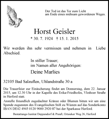 Traueranzeige von Horst Geisler von Neue Westfälische