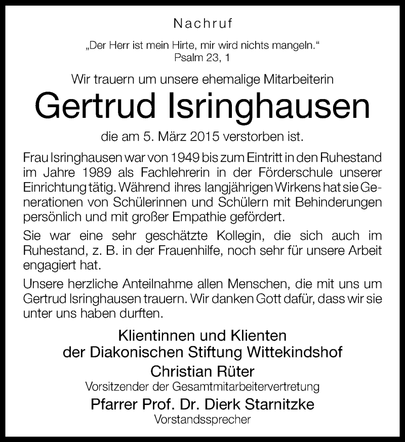  Traueranzeige für Gertrud Isringhausen vom 14.03.2015 aus Neue Westfälische