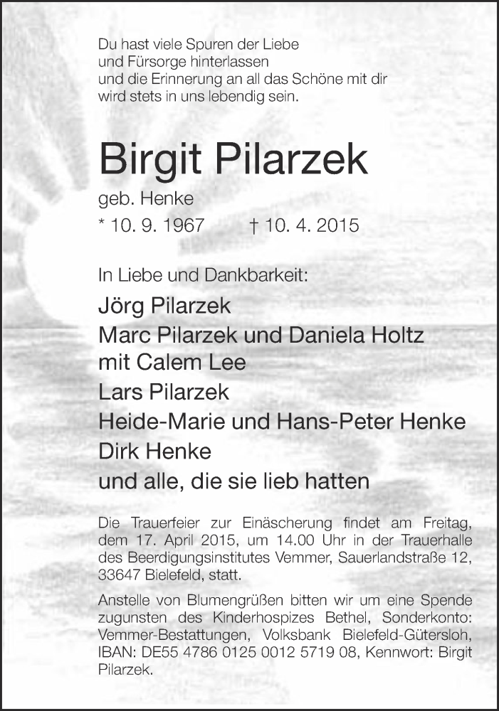  Traueranzeige für Birgit Pilarzek vom 13.04.2015 aus Neue Westfälische