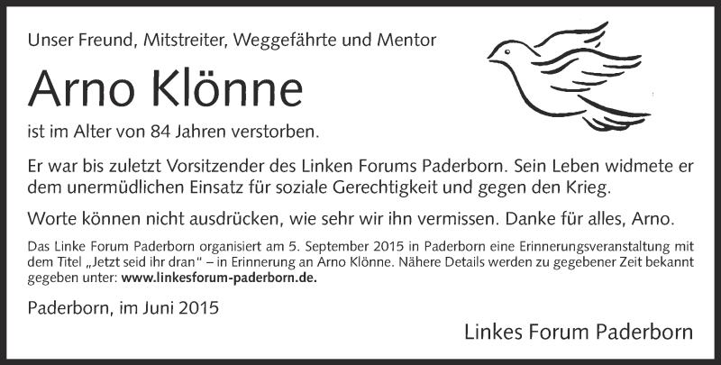  Traueranzeige für Arno Klönne vom 19.06.2015 aus Neue Westfälische