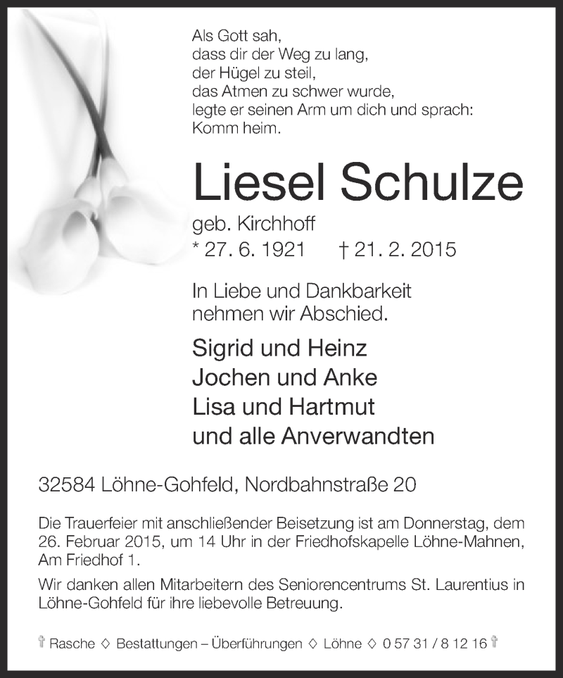  Traueranzeige für Liesel Schulze vom 24.02.2015 aus Neue Westfälische