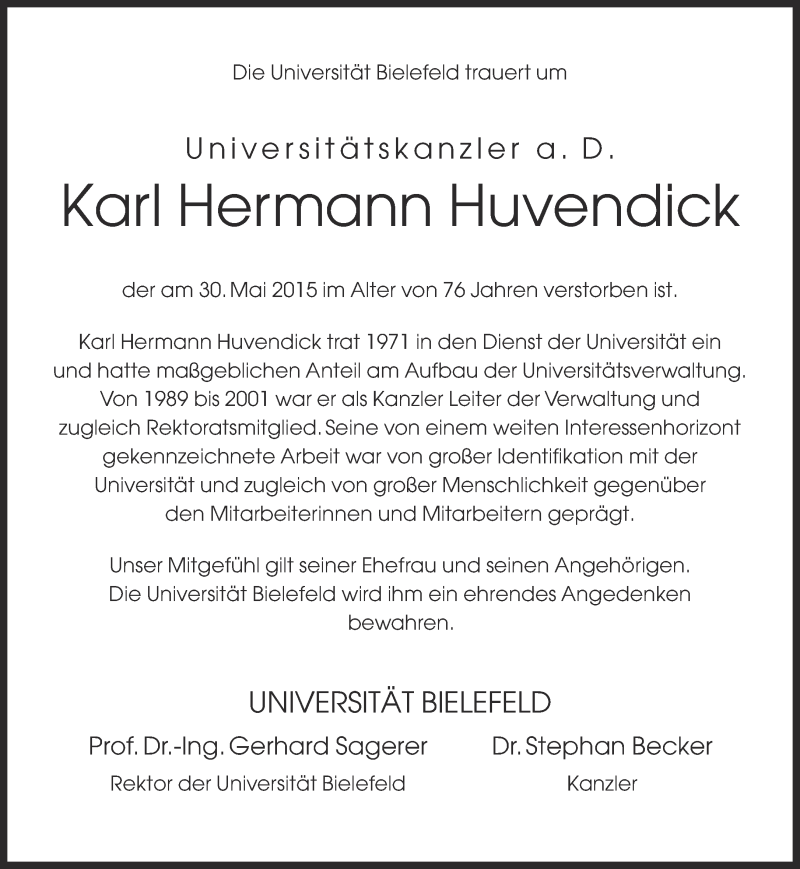  Traueranzeige für Karl Hermann Huvendick vom 03.06.2015 aus Neue Westfälische
