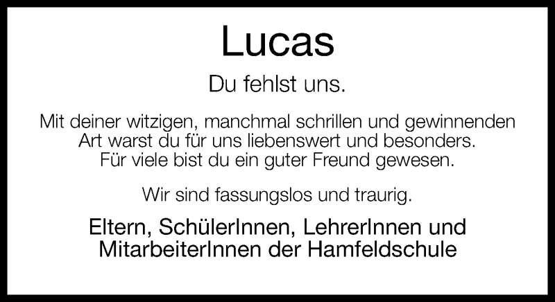  Traueranzeige für Lucas  vom 30.01.2015 aus Neue Westfälische