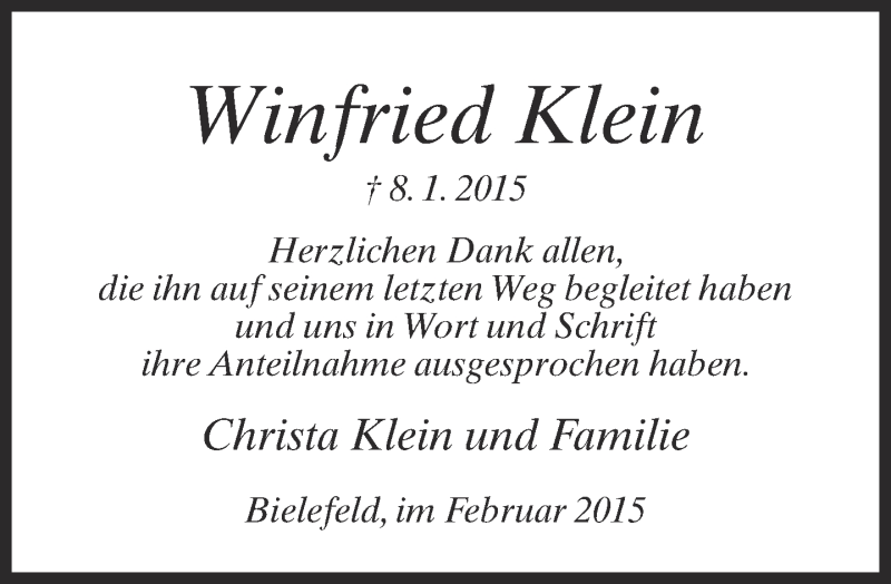  Traueranzeige für Winfried Klein vom 07.02.2015 aus Neue Westfälische
