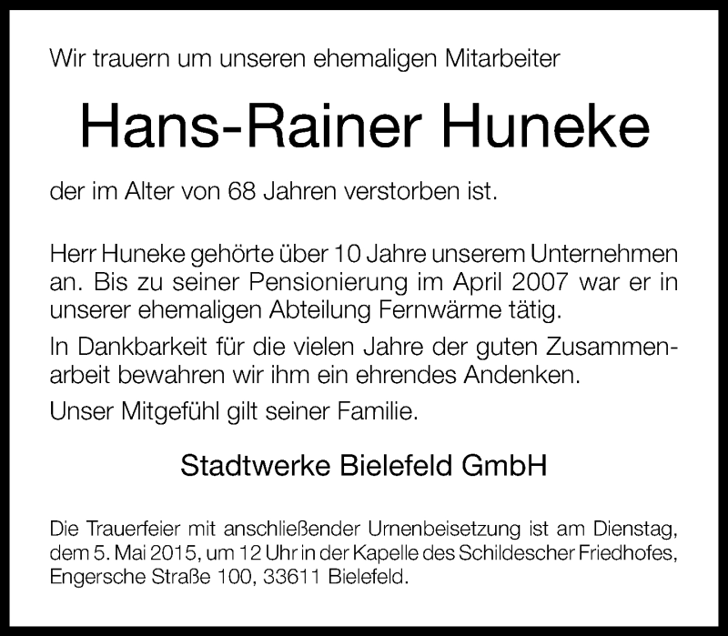  Traueranzeige für Hans-Reiner Huneke vom 01.05.2015 aus Neue Westfälische